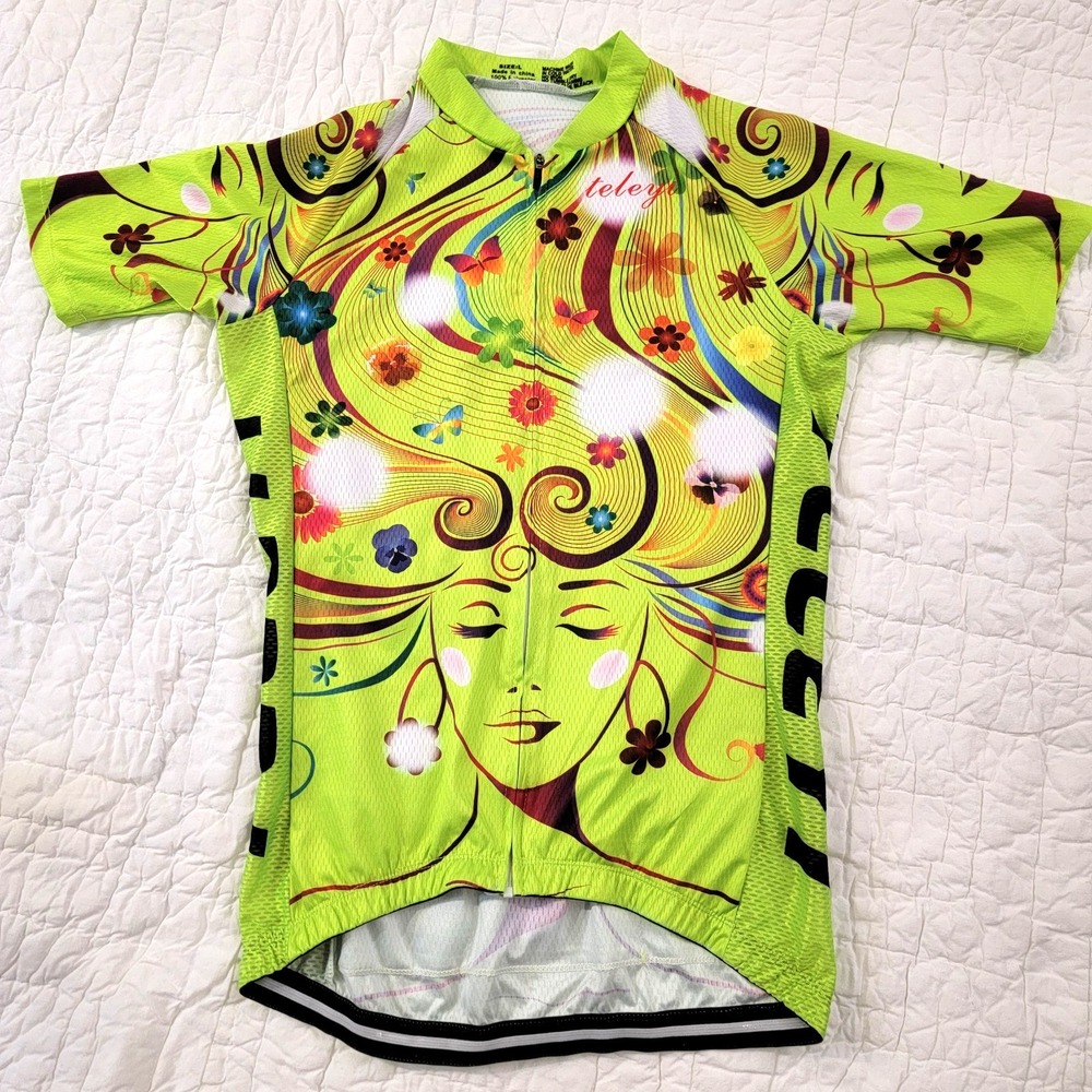 HARD TO FIND Colorfuln Teleyi Women's Cycling Shirt Jersey Green Curly Hair Sz L